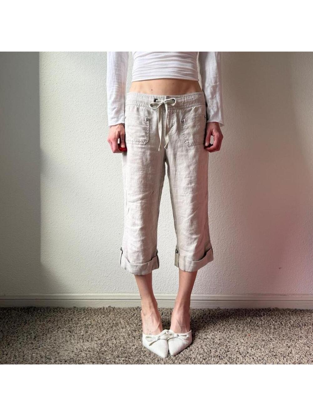 Vintage authentic y2k 100% linen off white cream low rise wide leg capris